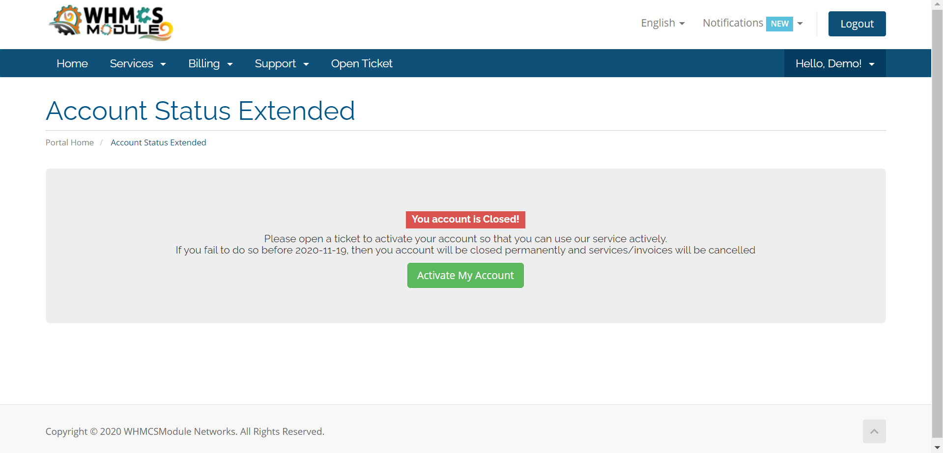 Account Status Extended Module for WHMCS