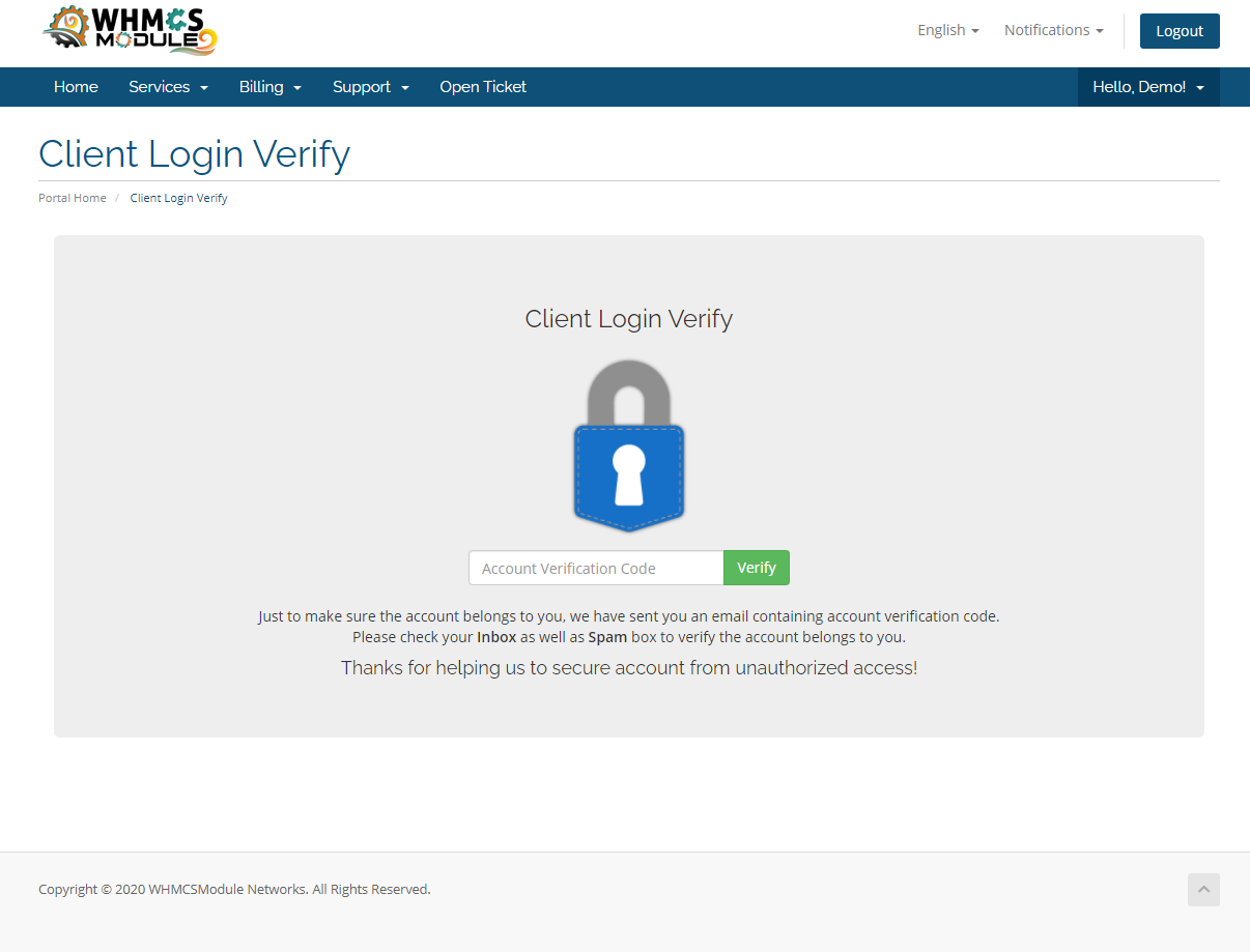 Client Login Verification Module for WHMCS