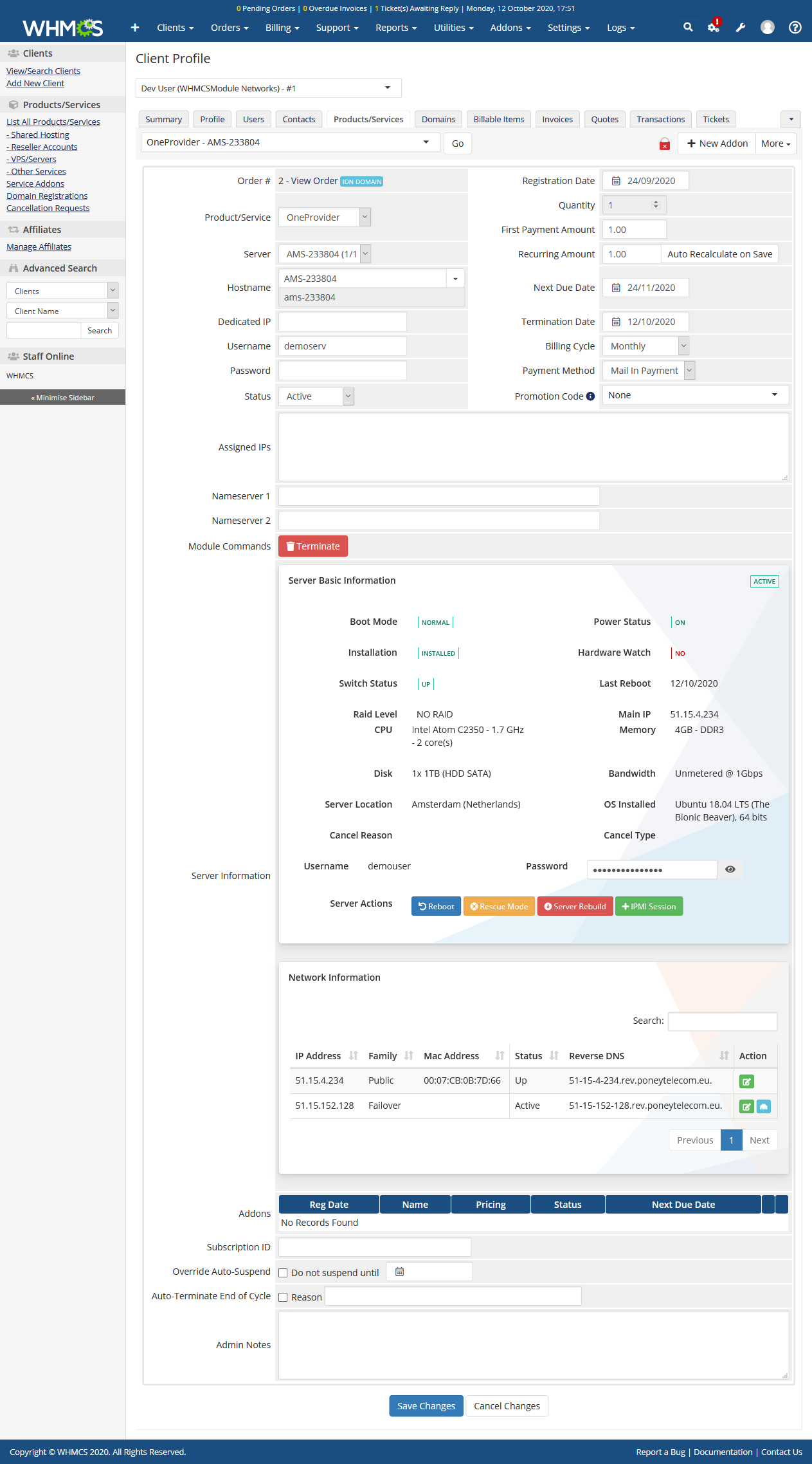 OneProvider Server Automation WHMCS Module