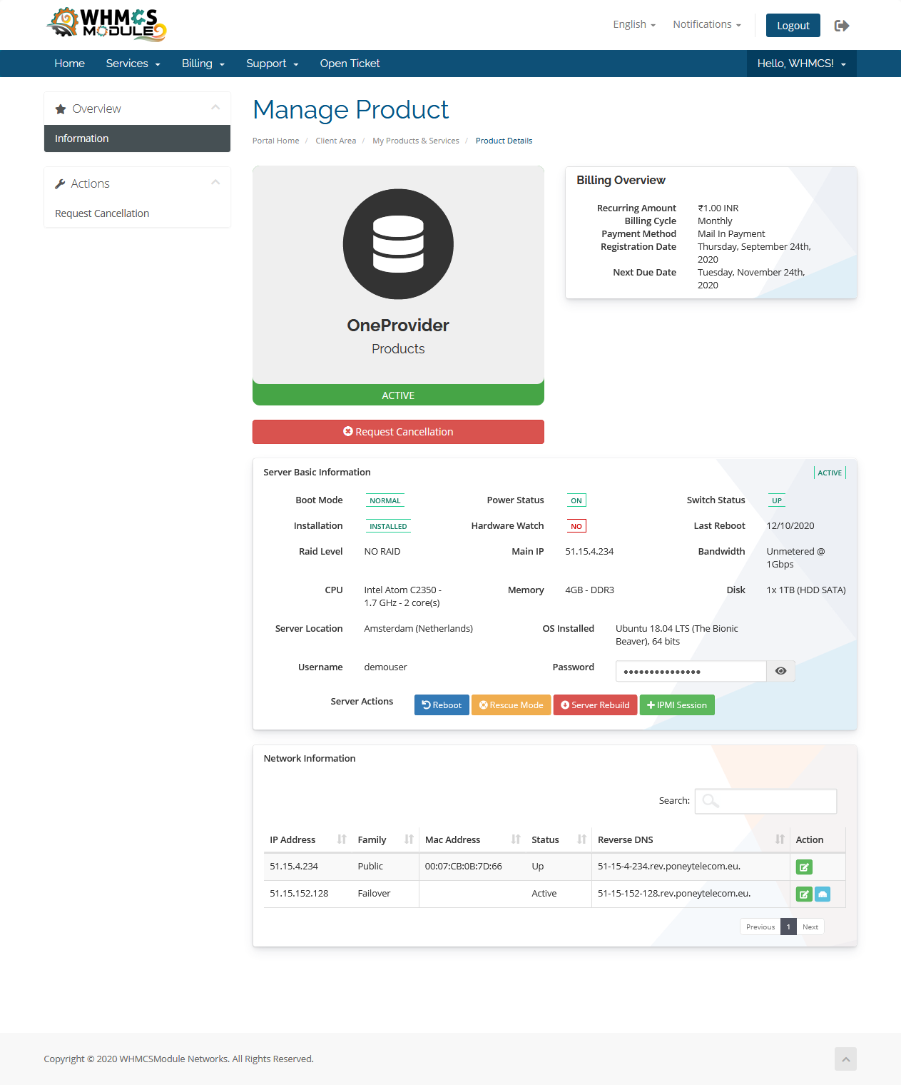 OneProvider Server Automation WHMCS Module