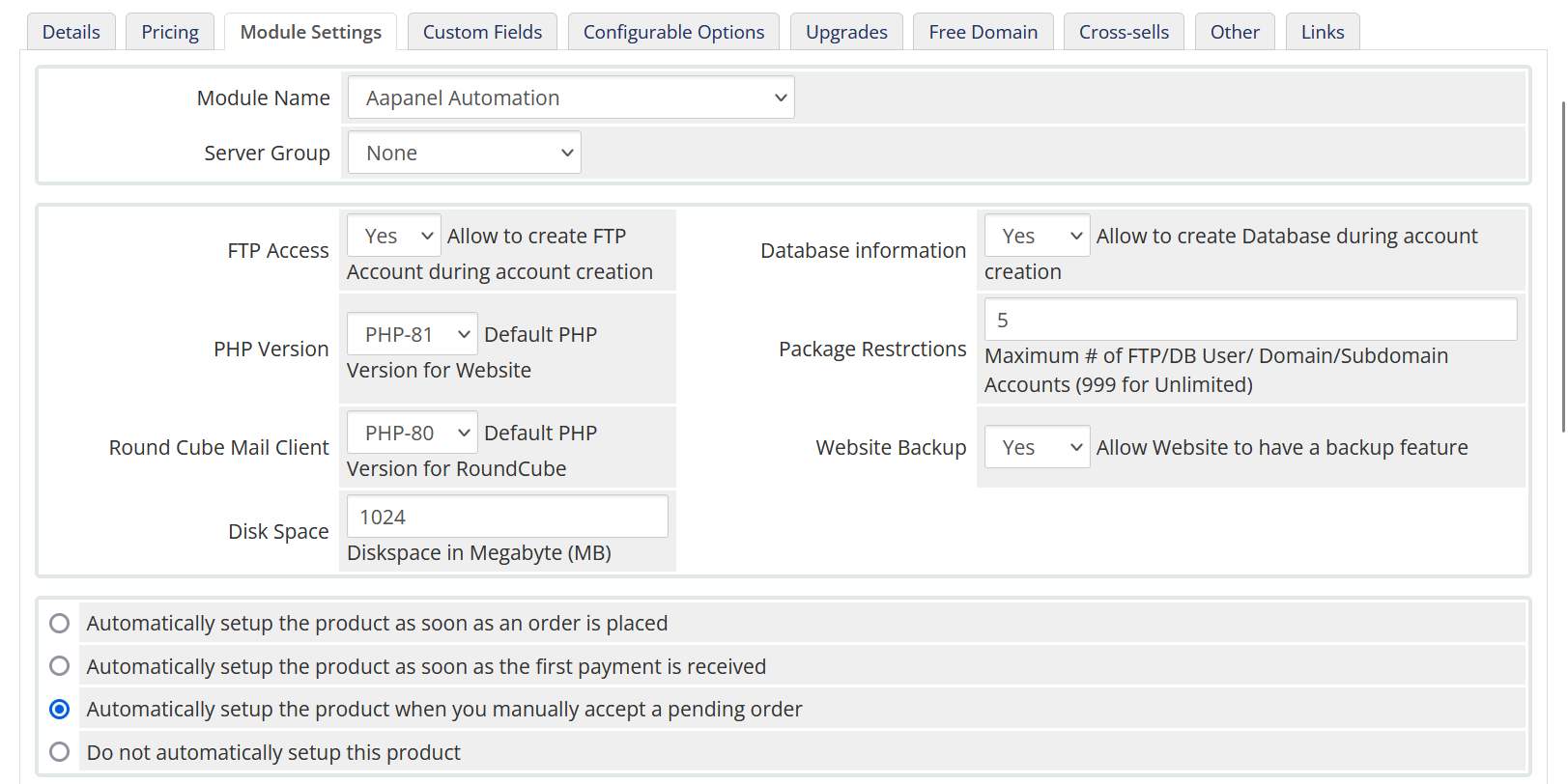 Aapanel Automation WHMCS Module