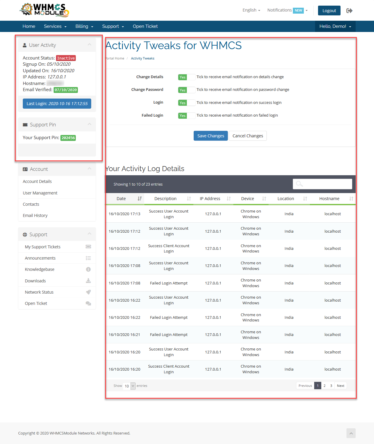 Support Pin Module for WHMCS