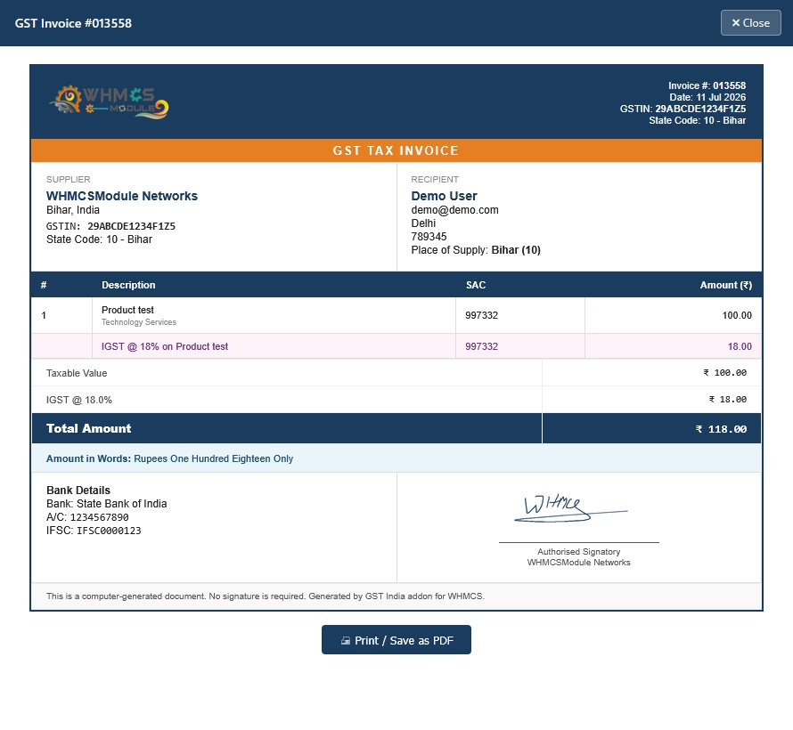 GST India WHMCS Module
