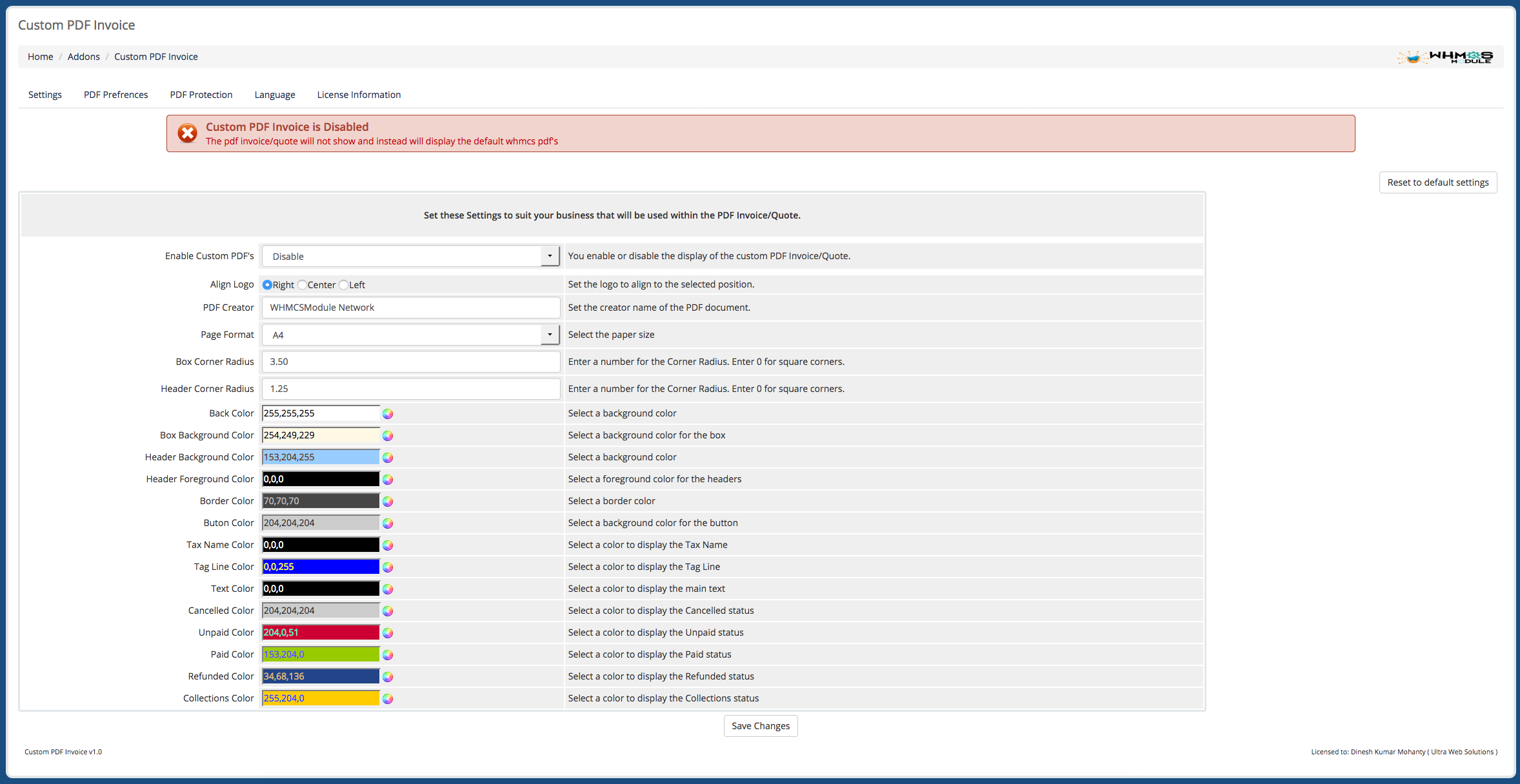 Custom PDF WHMCS Module