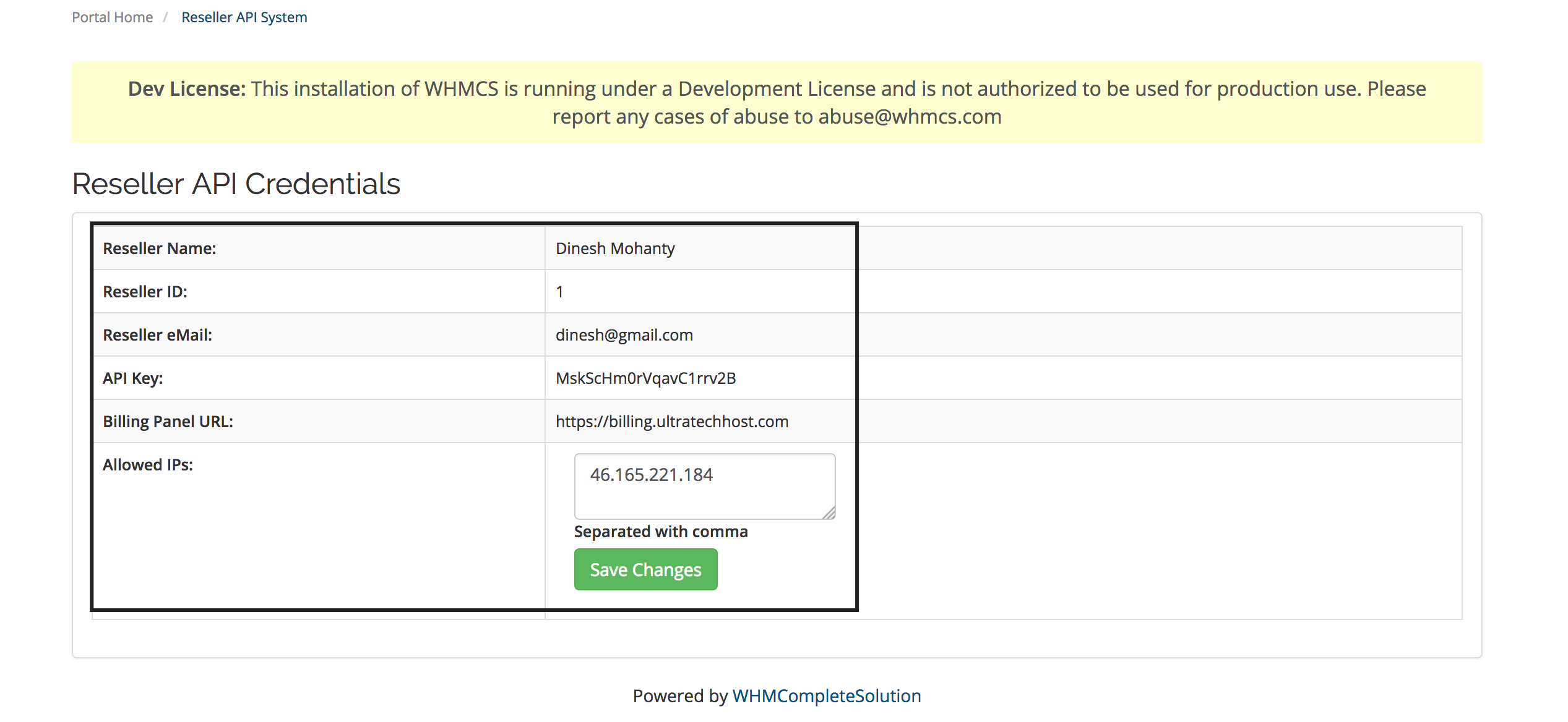 Reseller API System Module for WHMCS