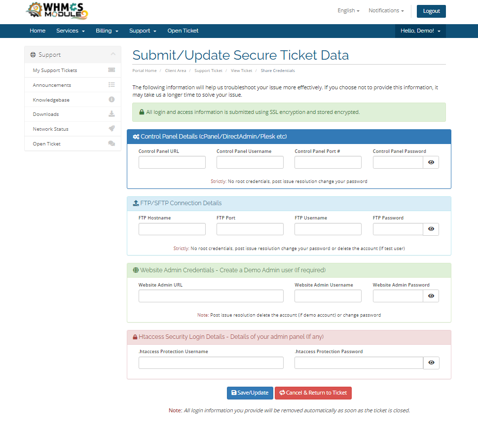 Sensitive Ticket Data for WHMCS
