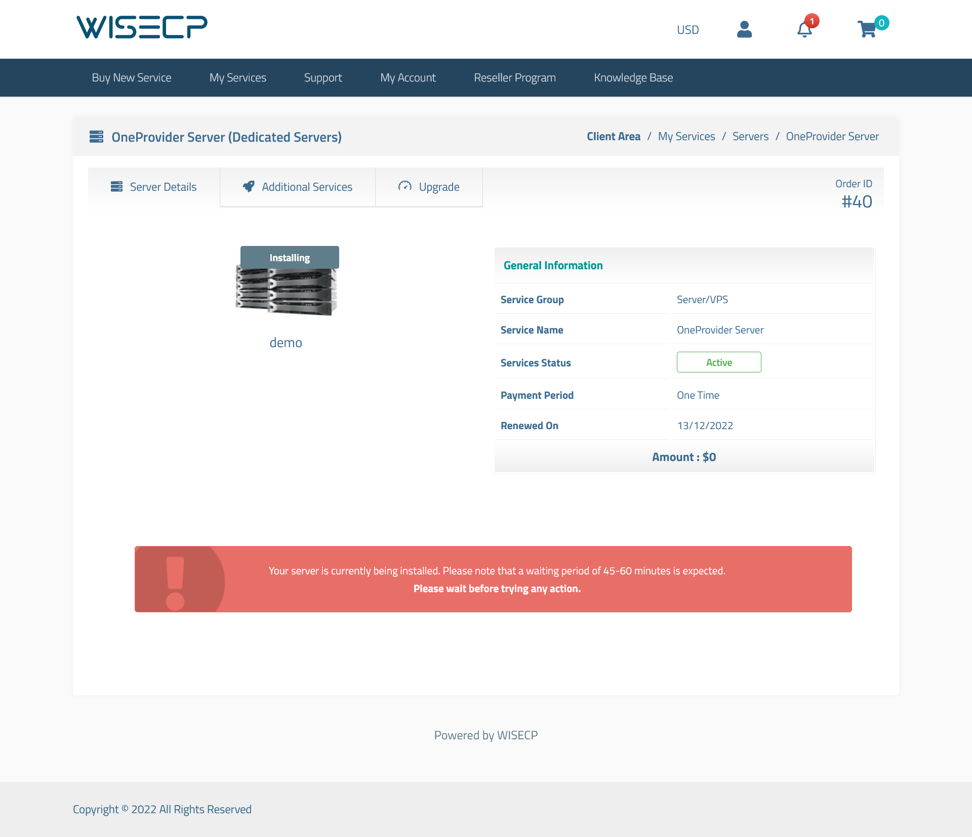 Oneprovider Dedicated Automation WISECP Module