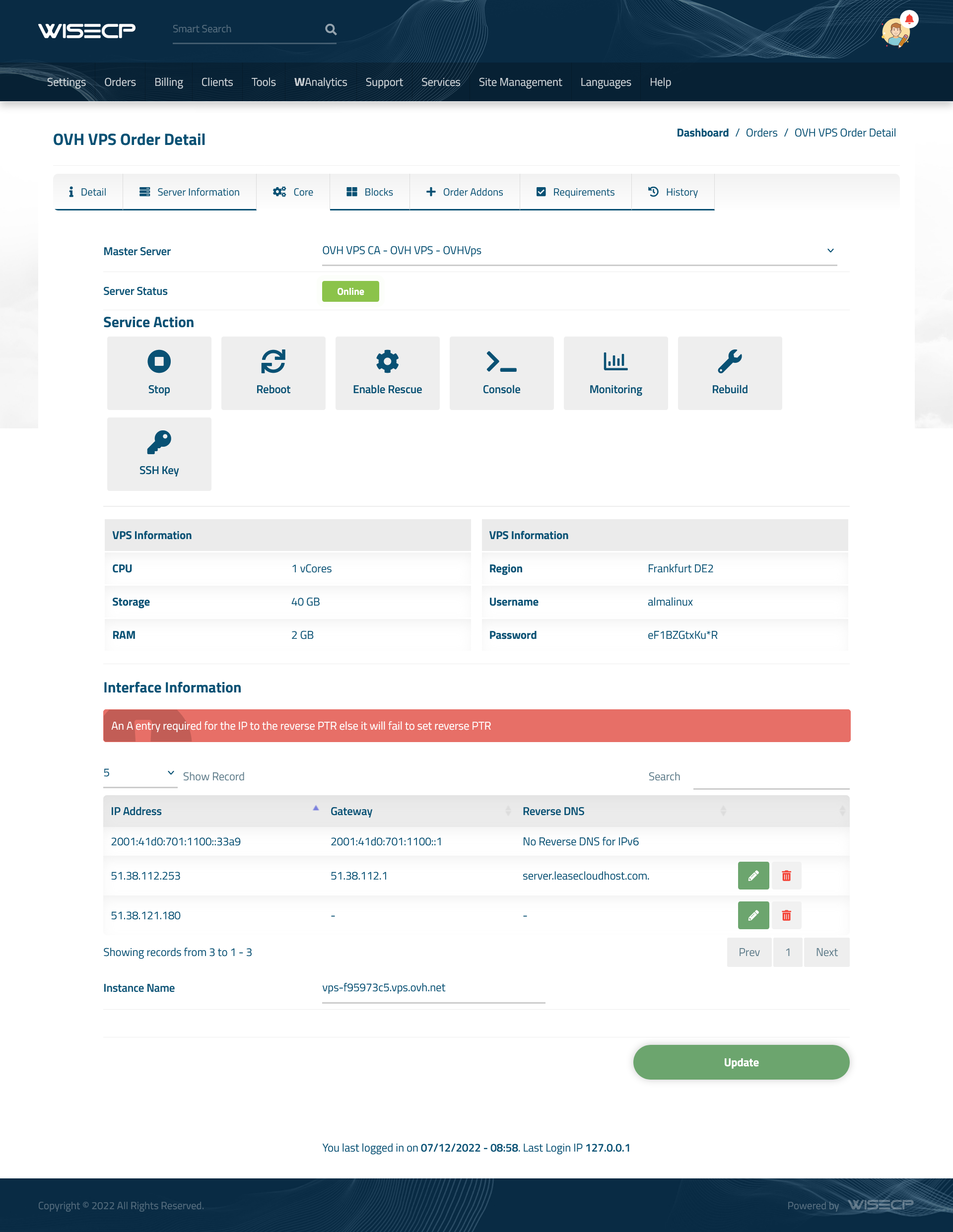 OVH VPS Automation WISECP Module