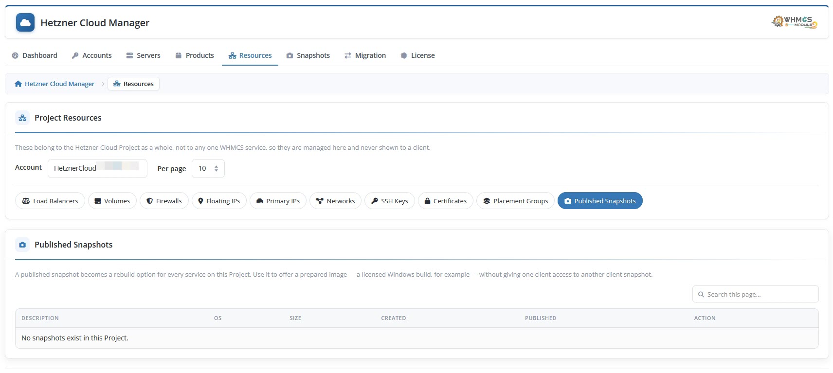 Admin Area Resources Published Snapshots