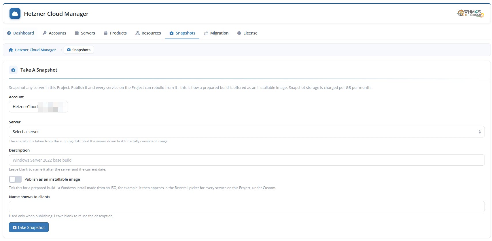 Admin Area Take Snapshot