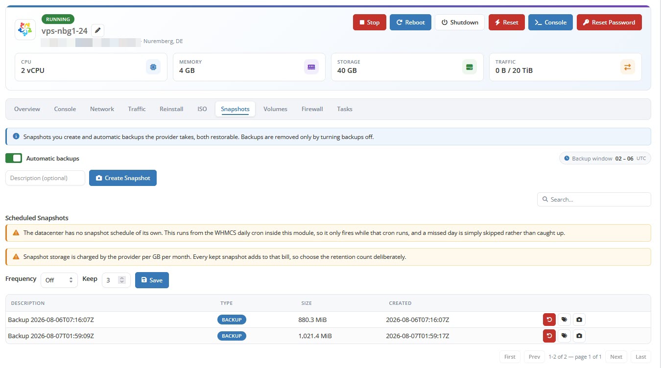 Client Area Snapshots Backups