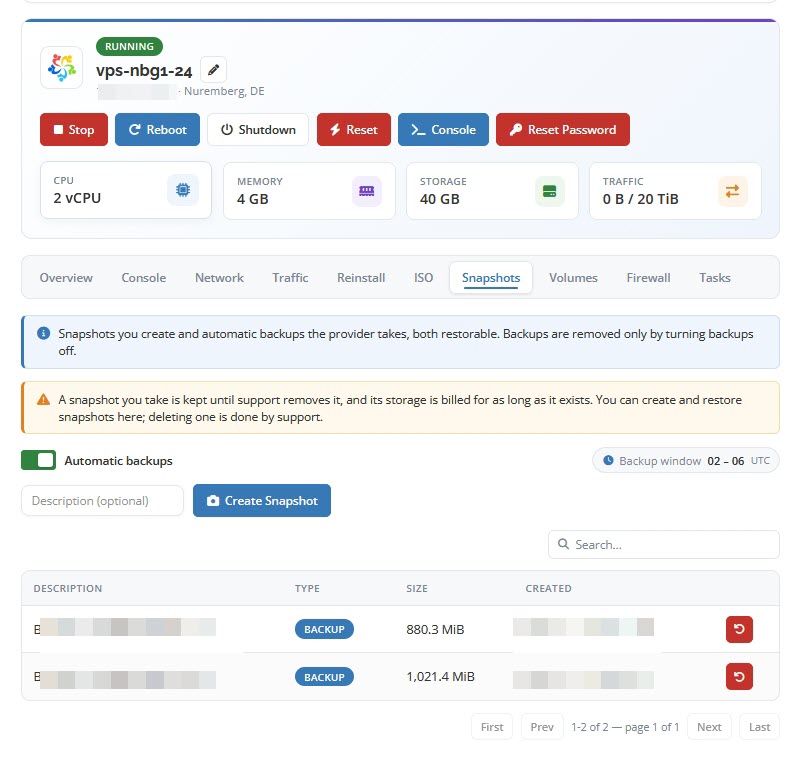 Client Area Snapshots Backups Card
