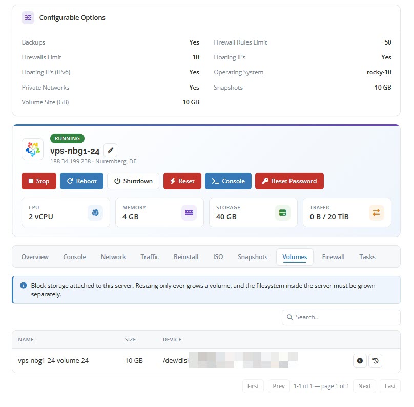 Client Area Volumes Card