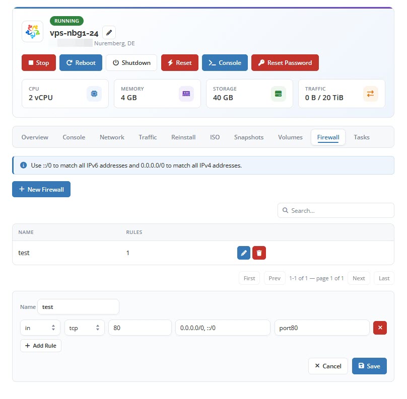 Client Area Firewall Rule Editor