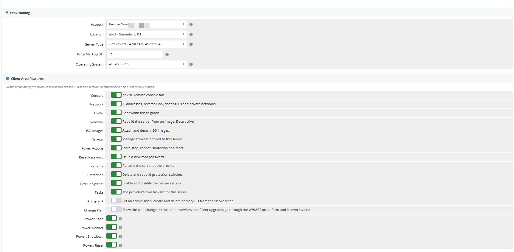 Admin Area WHMCS Provisioning Settings