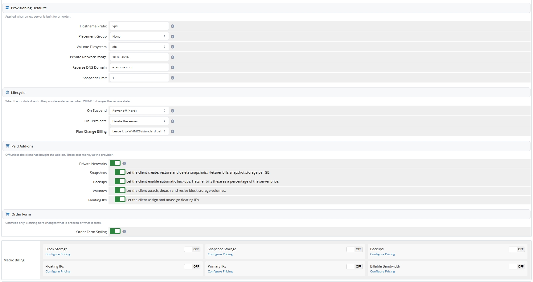 Admin Area WHMCS Defaults Metric Billing