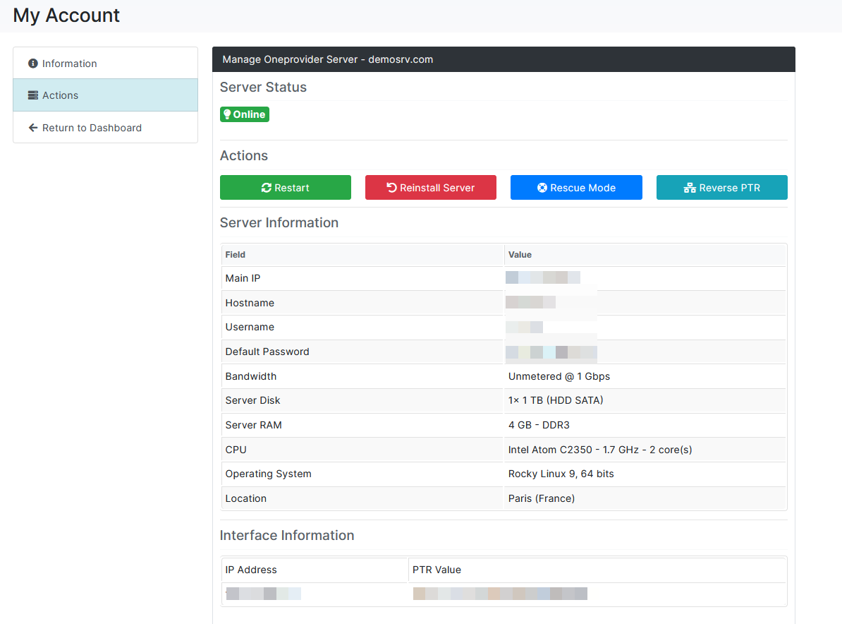 OneProvider Server Blesta