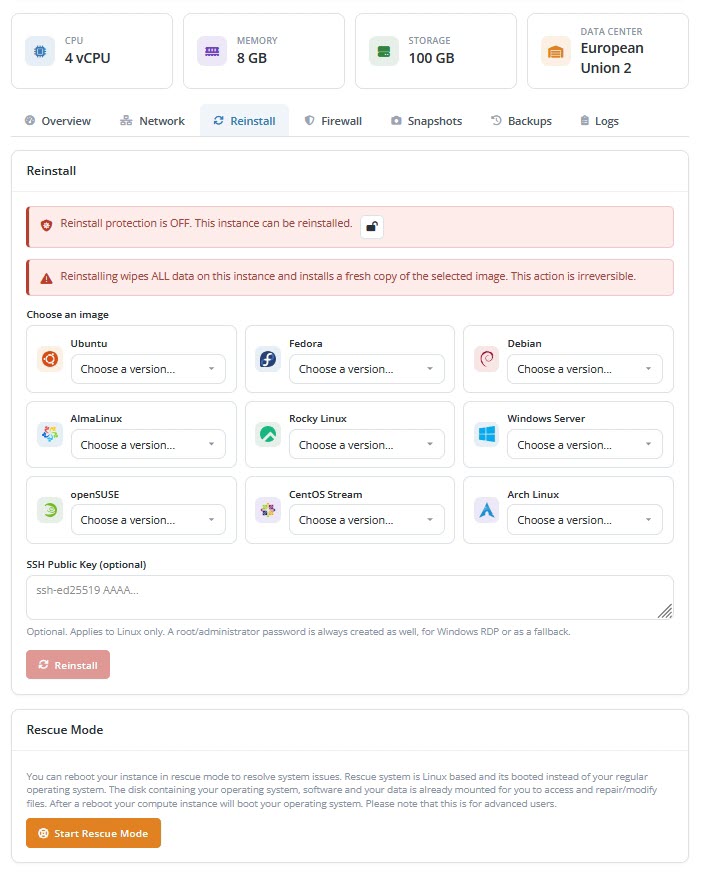Client Area Vm Settings Compact