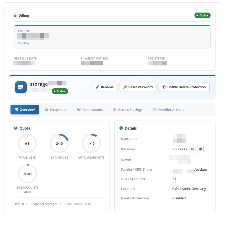 Client Area Storage Box Overview & Usage Statistics