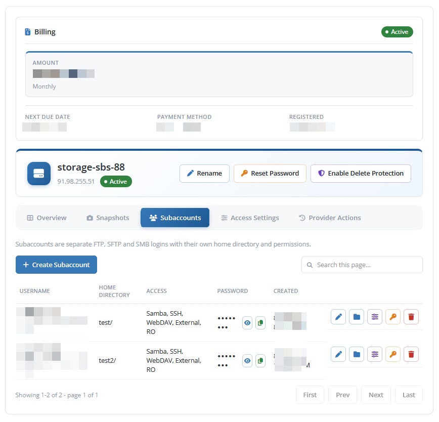 Client Area Storage Box Subaccounts