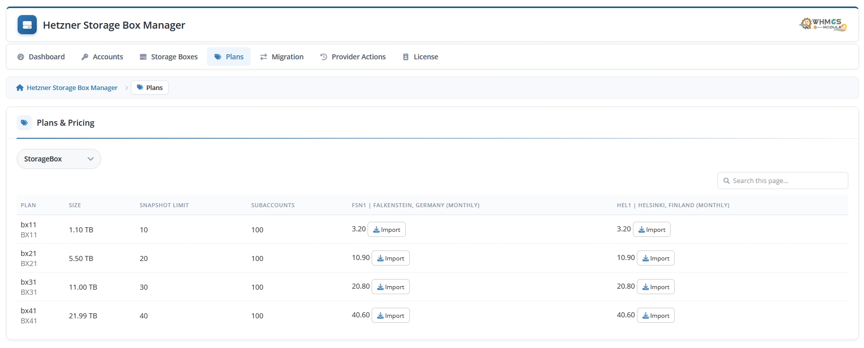 Admin Area Module Plans Pricing