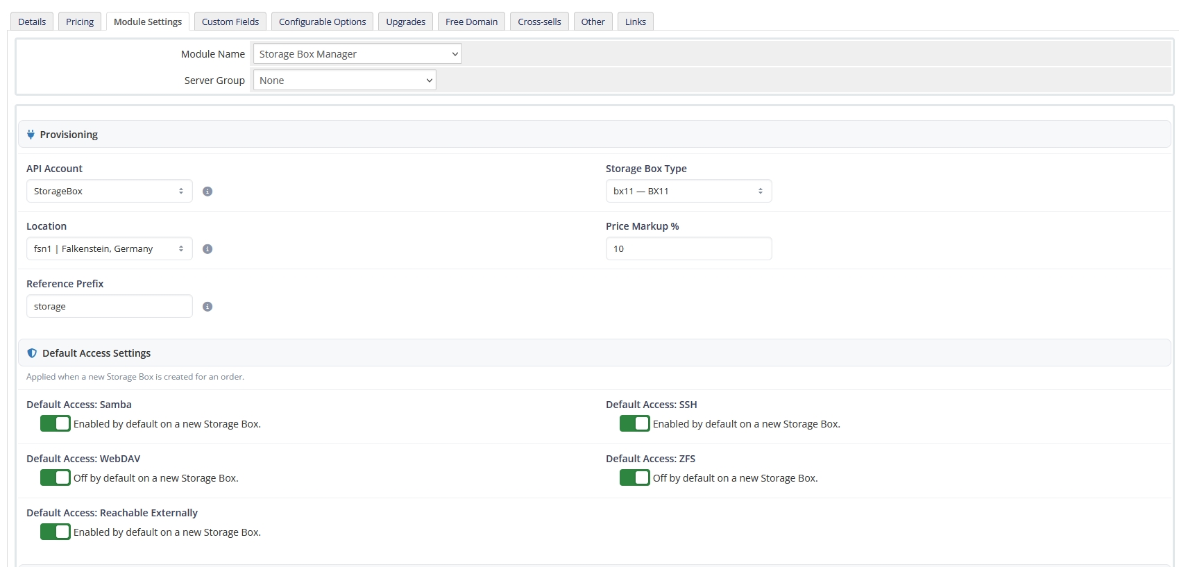 Admin Area Module Product Settings Provisioning