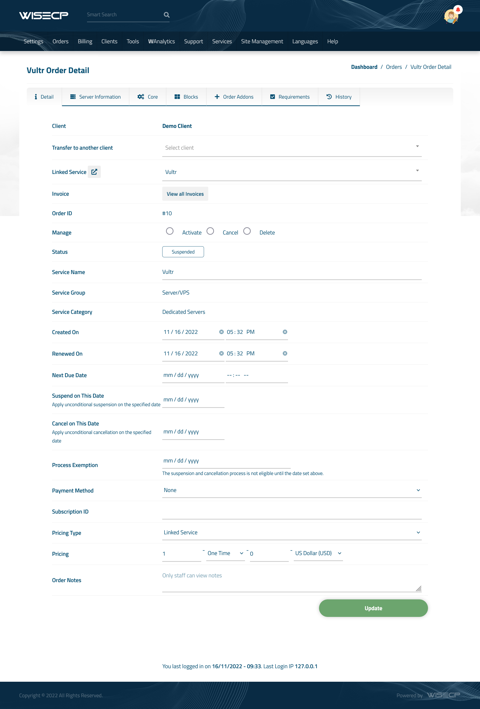 Client Order Page